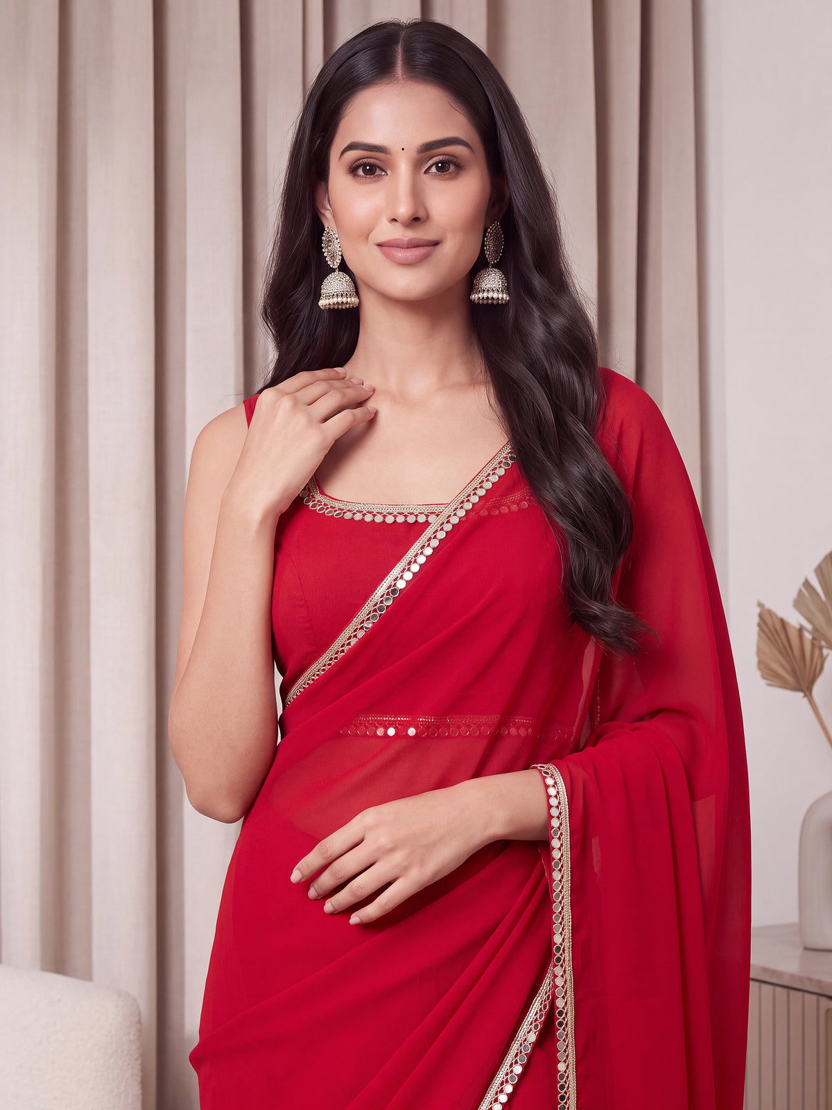 Red Mirror Work Georgette Festive Wedding Occasion Wear Saree