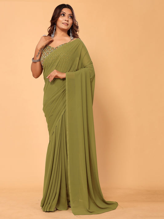 Mehendi Green Embroidered Georgette Party Wear Pre-Stitched Saree