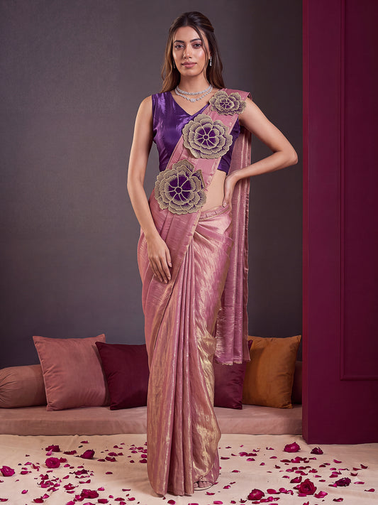 Onion Floral Applique Fendy Silk Designer Ready to Wear Saree