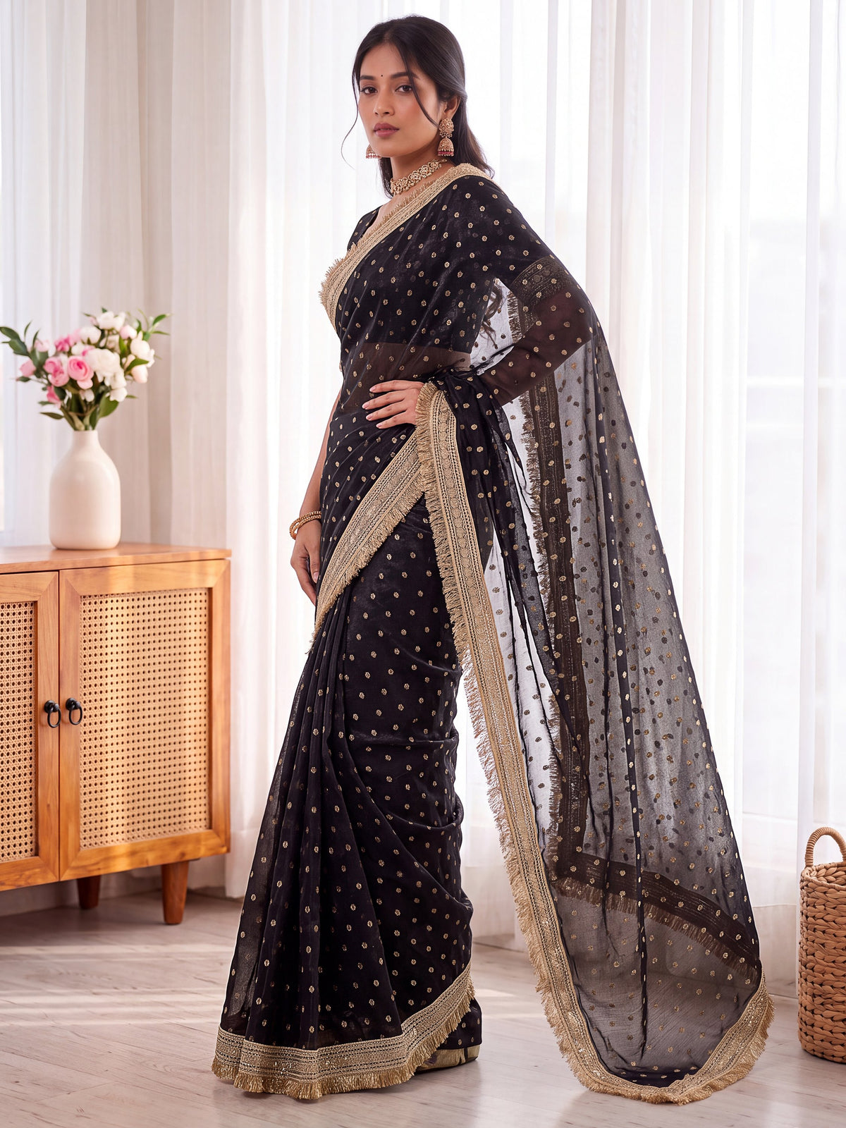Black Golden Jacquard Butti Moss Satin Festive Traditional Saree