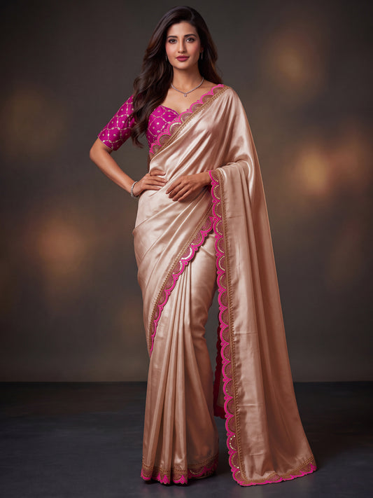 Chikoo Sequin Thread Work Chinon Festive Saree with Blouse