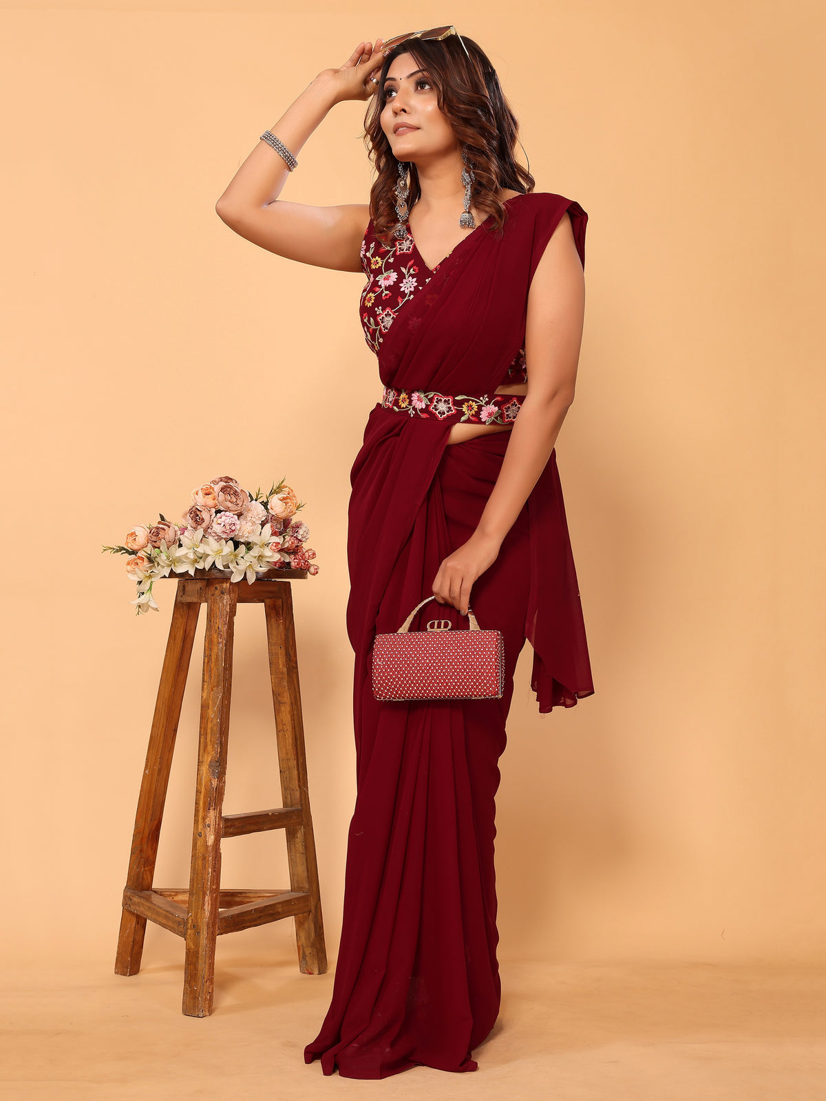 Maroon Floral Embroidered Georgette Festive Pre-Stitched Saree
