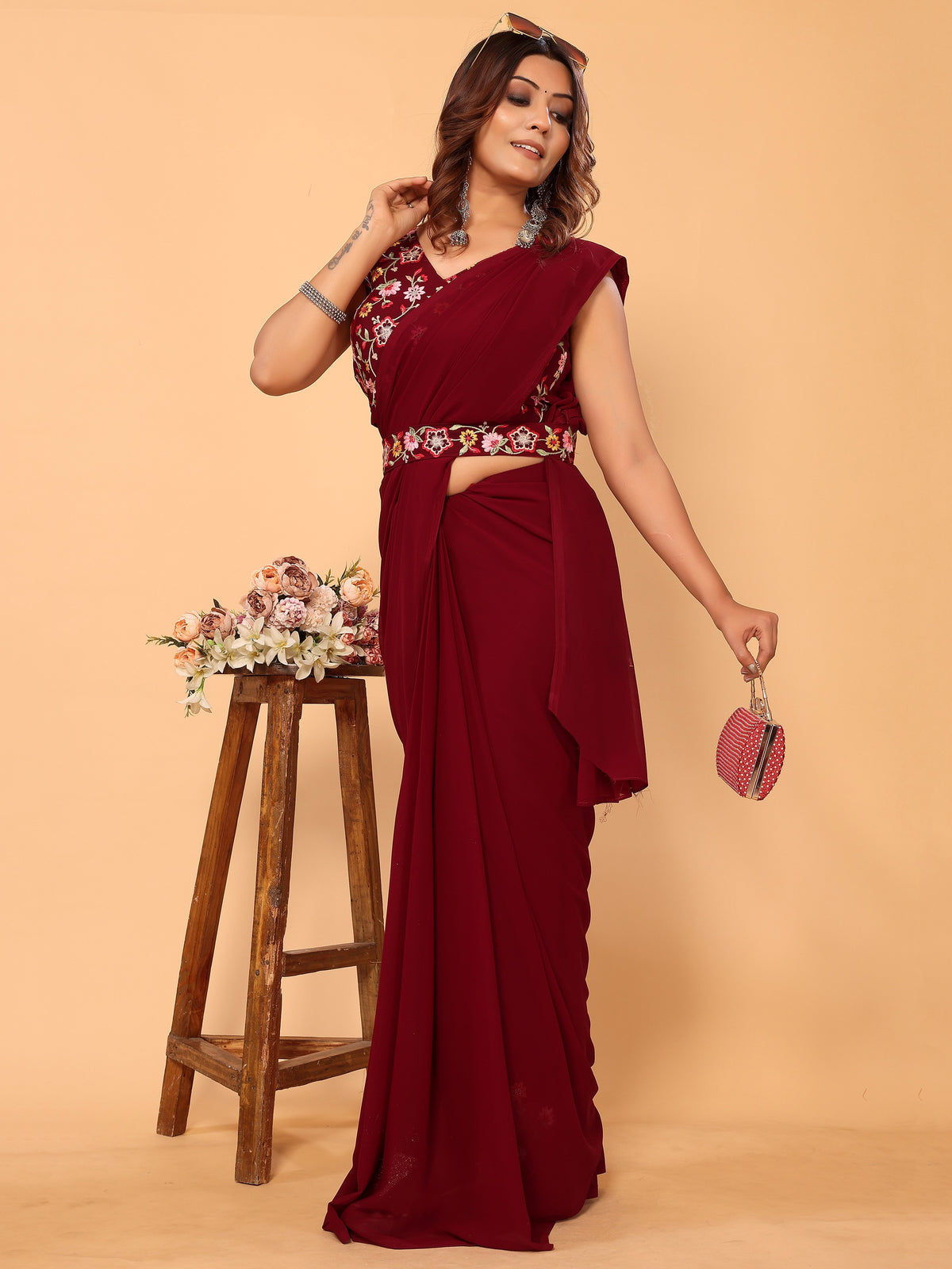 Maroon Floral Embroidered Georgette Festive Pre-Stitched Saree
