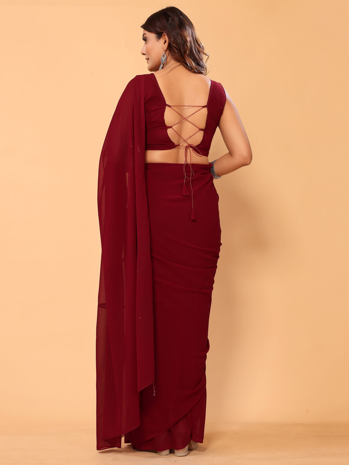Maroon Floral Embroidered Georgette Festive Pre-Stitched Saree