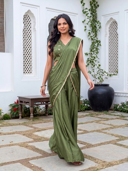 Olive Green Sequence Work Chinon Party Wear Pre-Stitched Sharara Saree