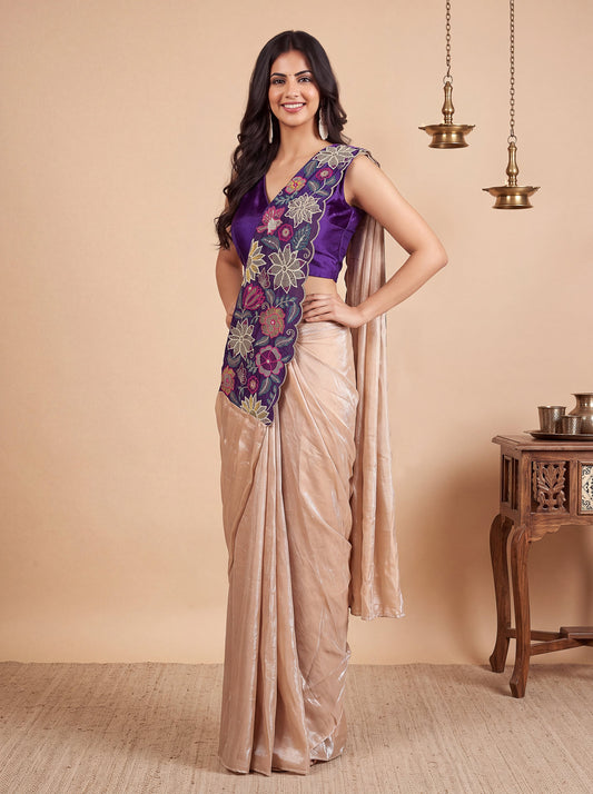 Cream Purple Embroidered Fancy Silk Party Wear Pre-Draped Saree