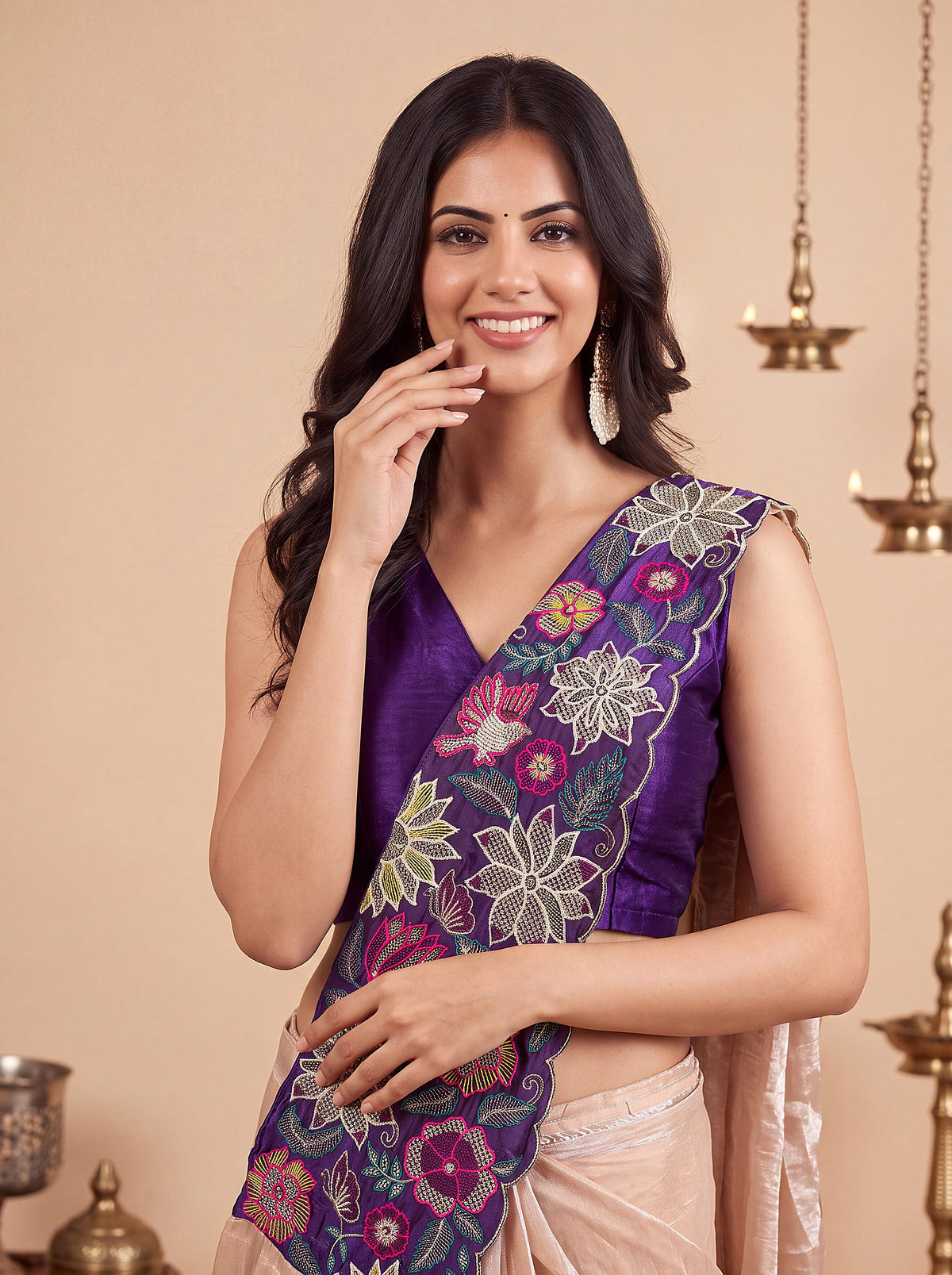 Cream Purple Embroidered Fancy Silk Party Wear Pre-Draped Saree