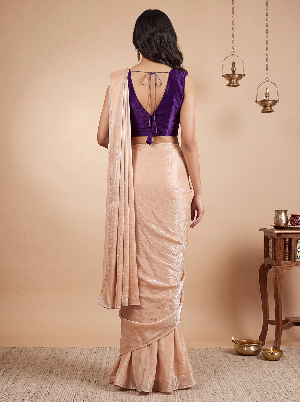 Cream Purple Embroidered Fancy Silk Party Wear Pre-Draped Saree