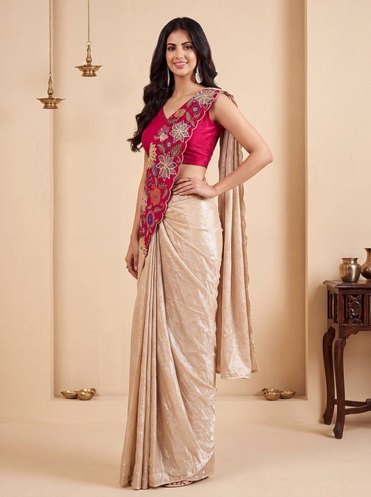 Cream Rani Embroidered Fancy Silk Party Wear Pre-Draped Saree