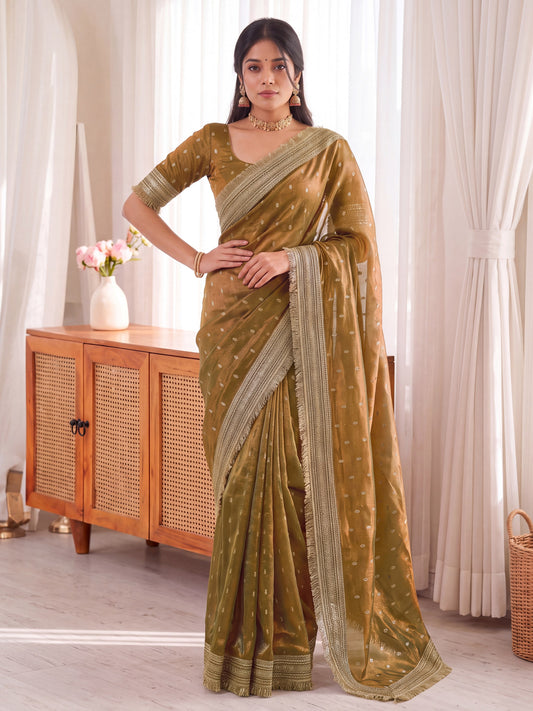 Golden Jacquard Butti Moss Satin Festive Wear Traditional Saree