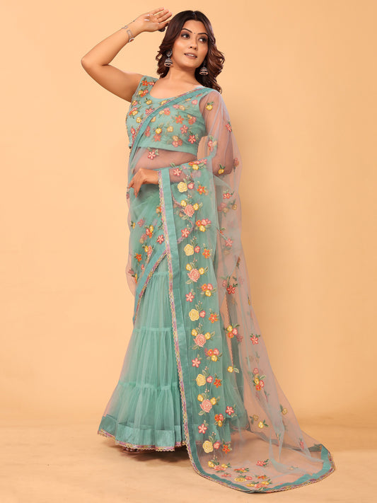 Firozi Floral Embroidered Net Ready to Wear Ruffle Lehenga Saree