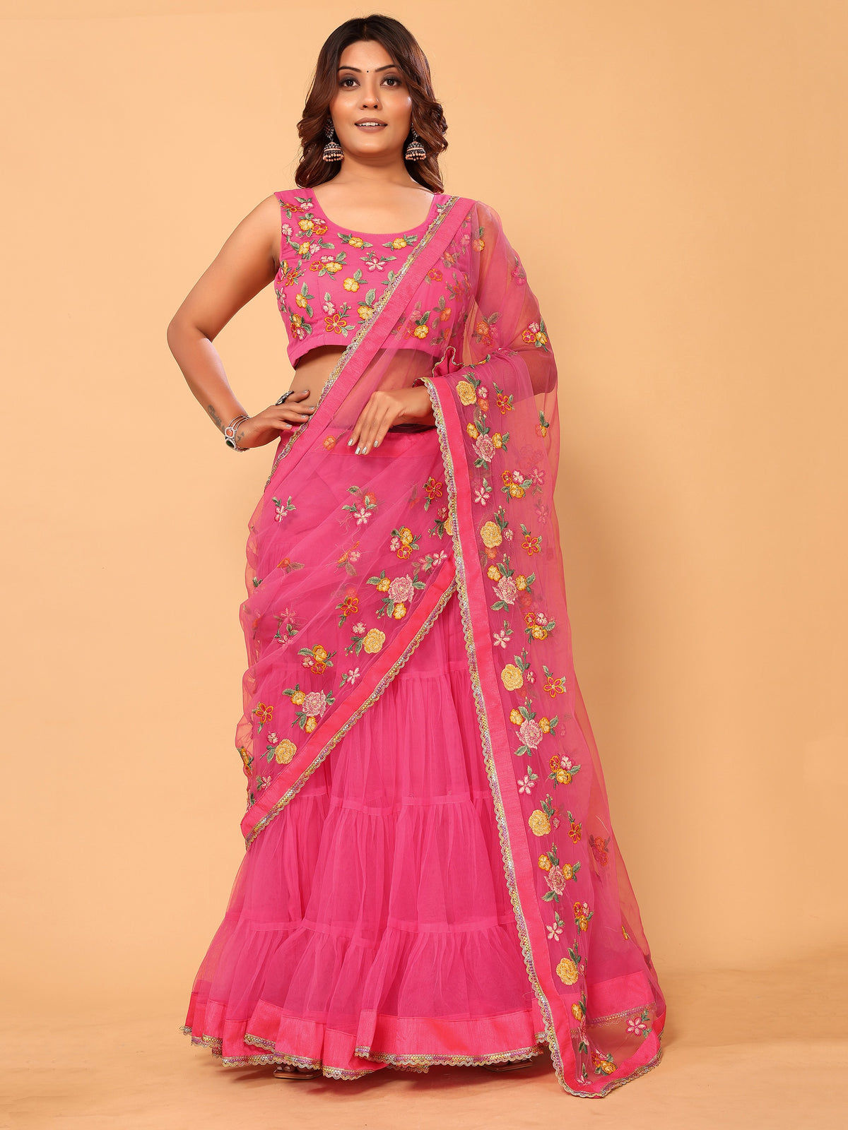 Gajri Floral Embroidered Net Festive Ready to Wear Lehenga Saree