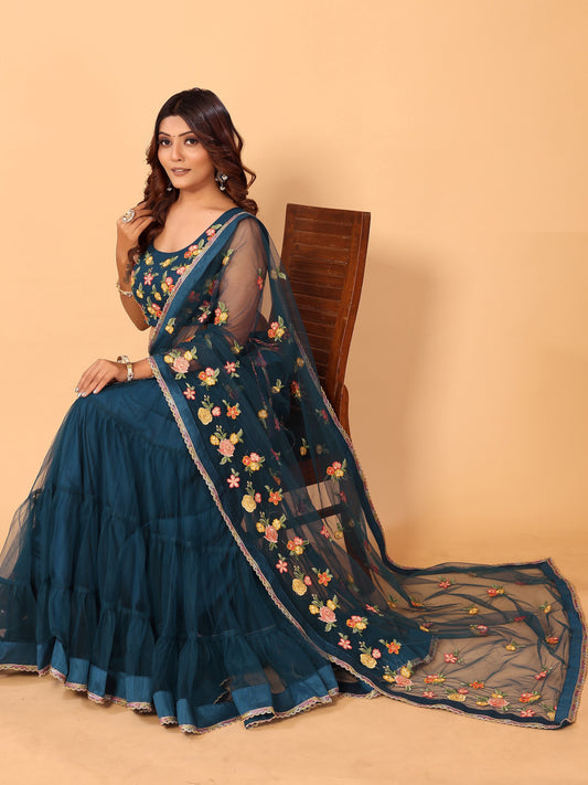 Morpich Floral Embroidered Net Festive Ready to Wear Lehenga Saree