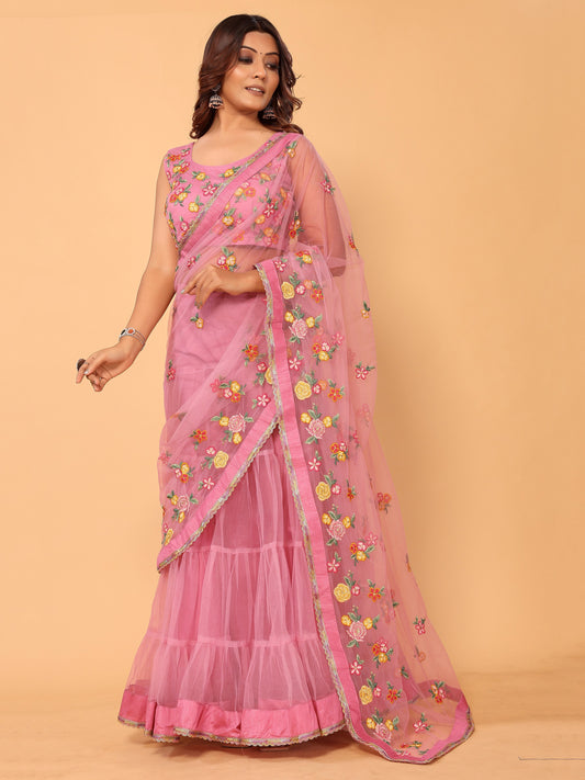 Pink Floral Embroidered Net Festive Ready to Wear Lehenga Saree