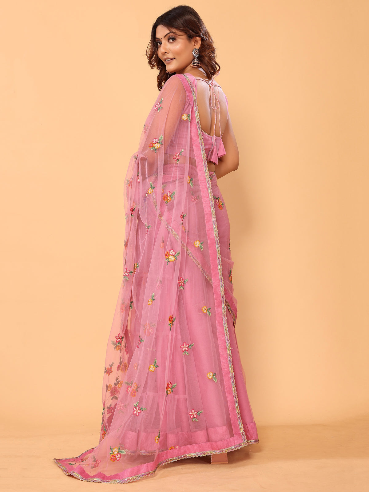 Pink Floral Embroidered Net Festive Ready to Wear Lehenga Saree