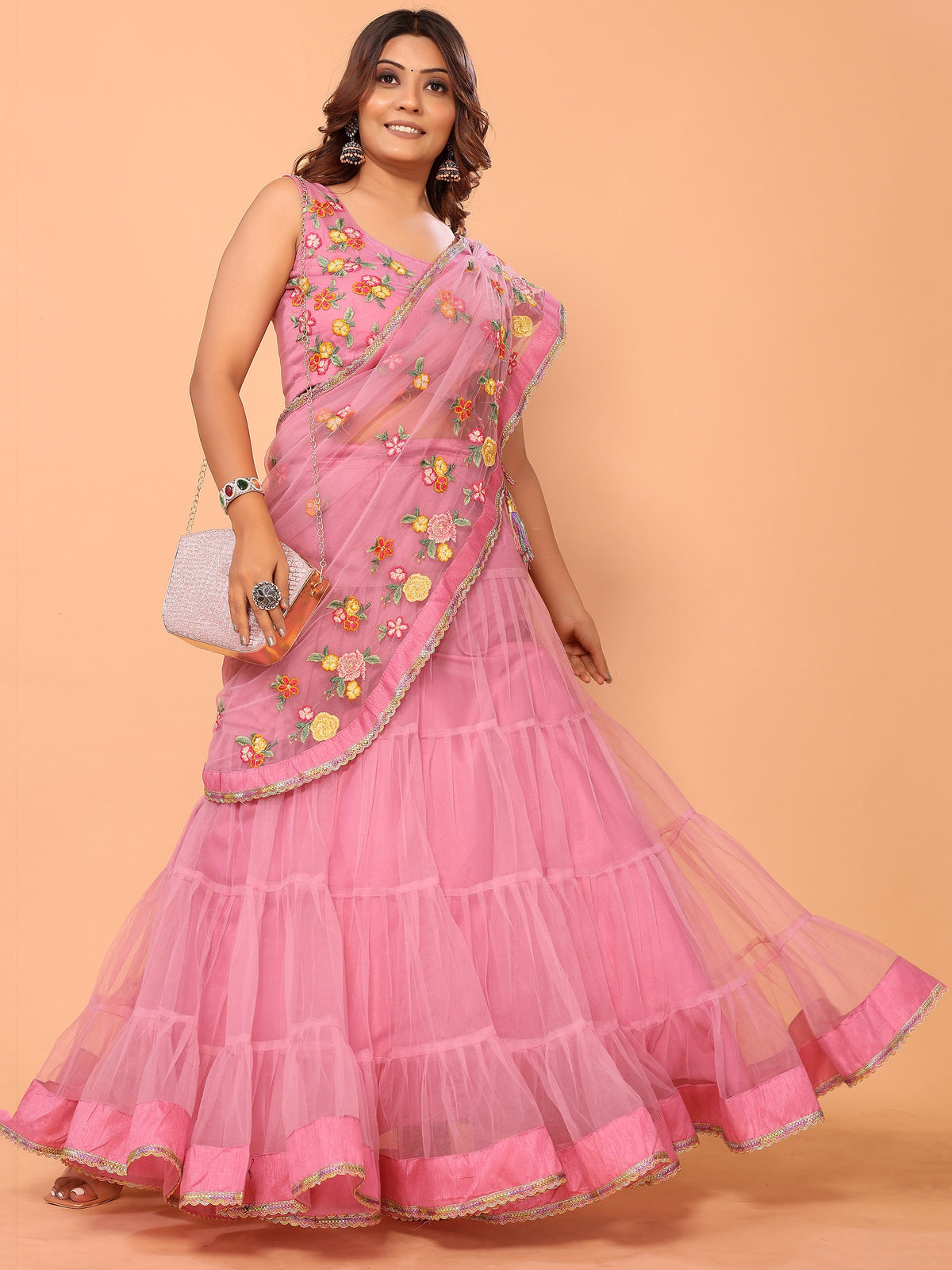 Pink Floral Embroidered Net Festive Ready to Wear Lehenga Saree
