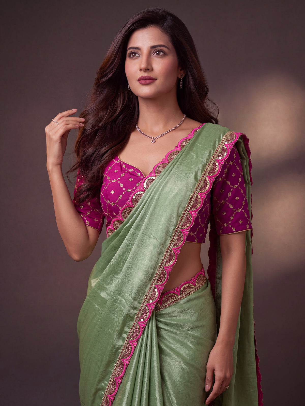 Green Sequin Thread Work Chinon Festive Saree with Blouse
