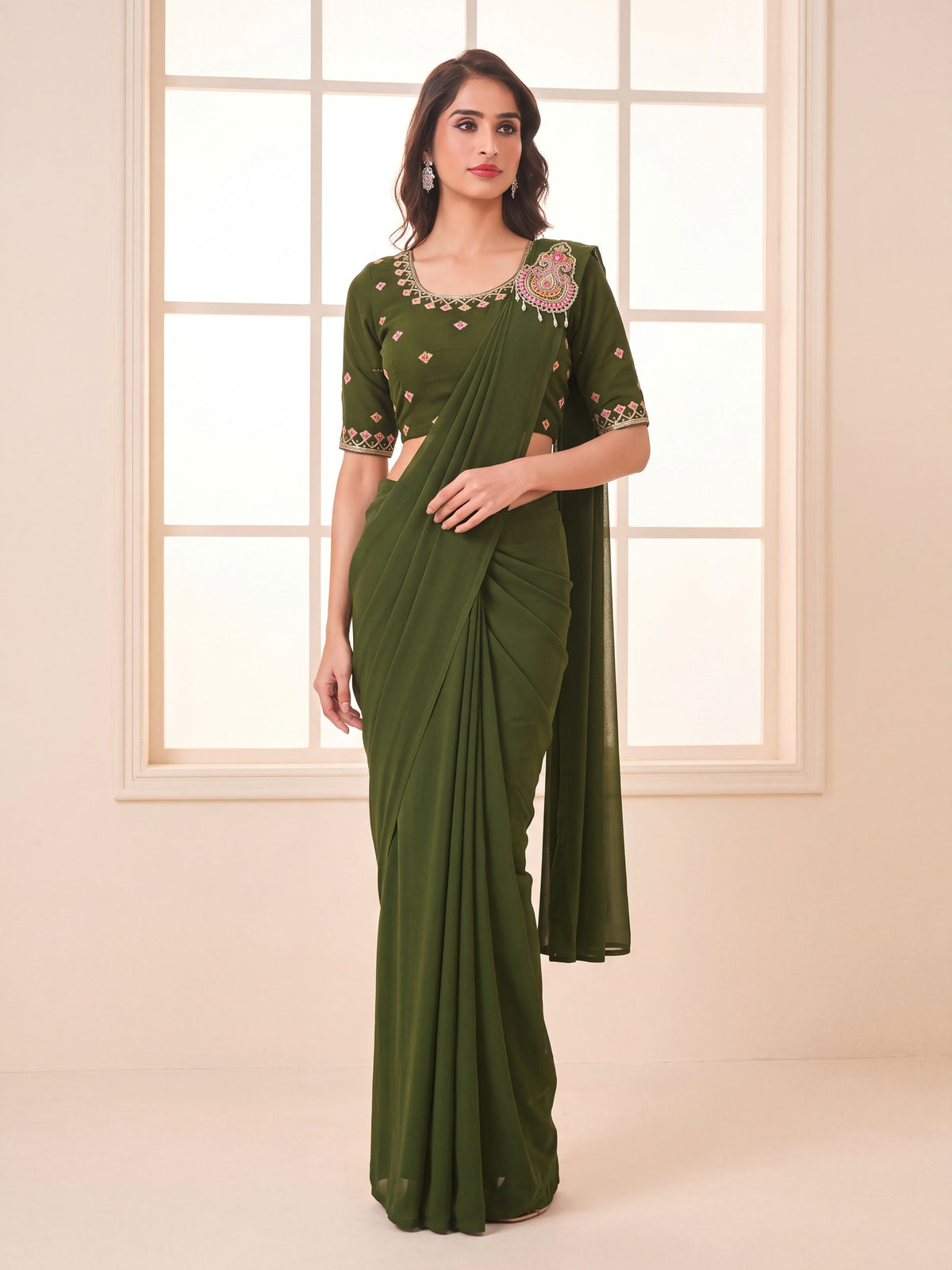 Olive Green Embroidered Georgette Party Ready to Wear Saree