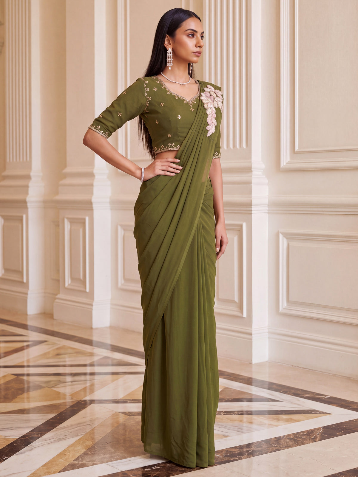 Olive Green Embroidered Georgette Festive Ready to Wear Saree
