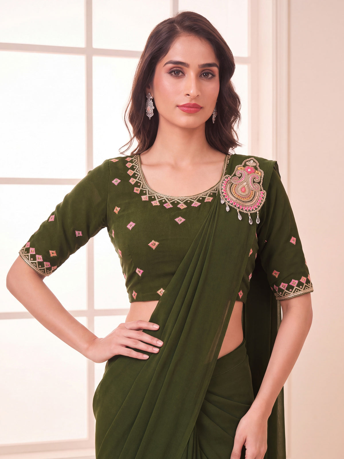Olive Green Embroidered Georgette Party Ready to Wear Saree