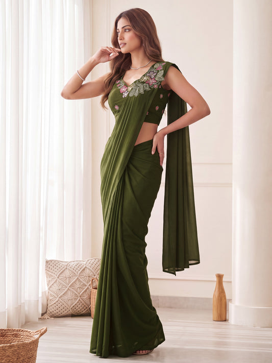 Olive Green Floral Embroidered Georgette Party Ready to Wear Saree