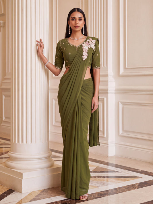 Olive Green Embroidered Georgette Festive Ready to Wear Saree