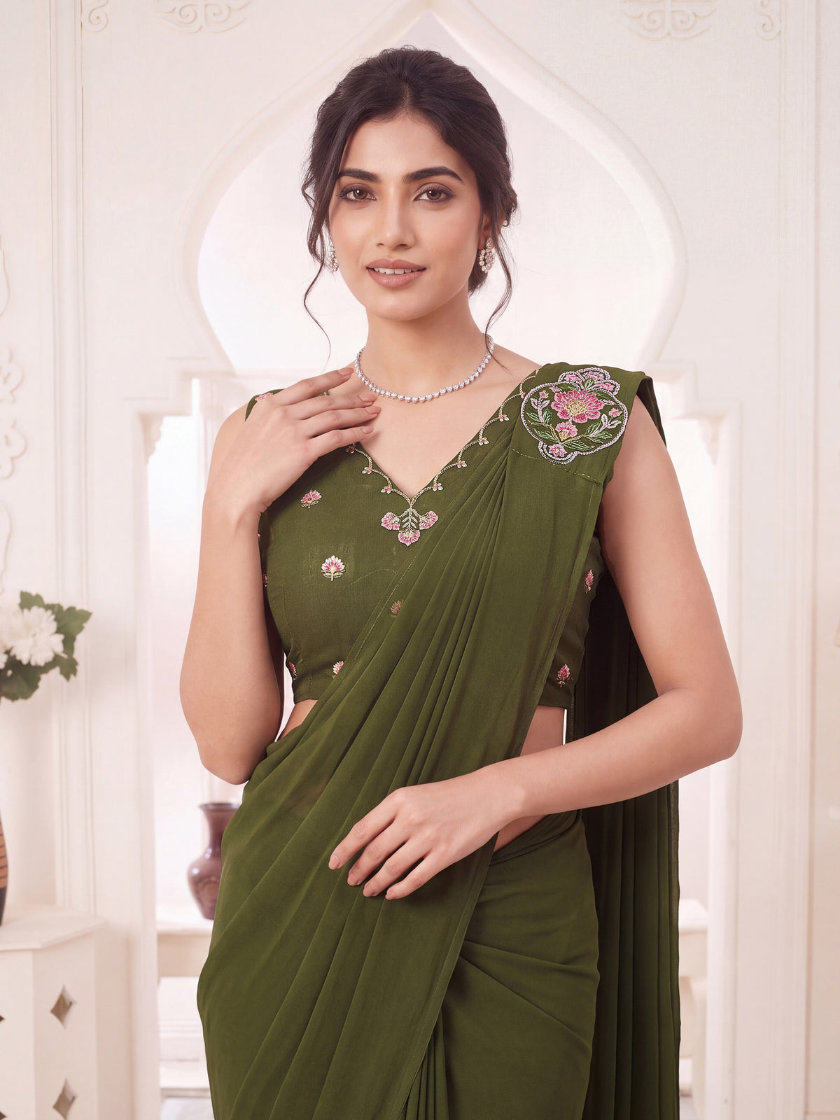 Green Embroidered Georgette Party Ready to Wear Pre-Stitched Saree
