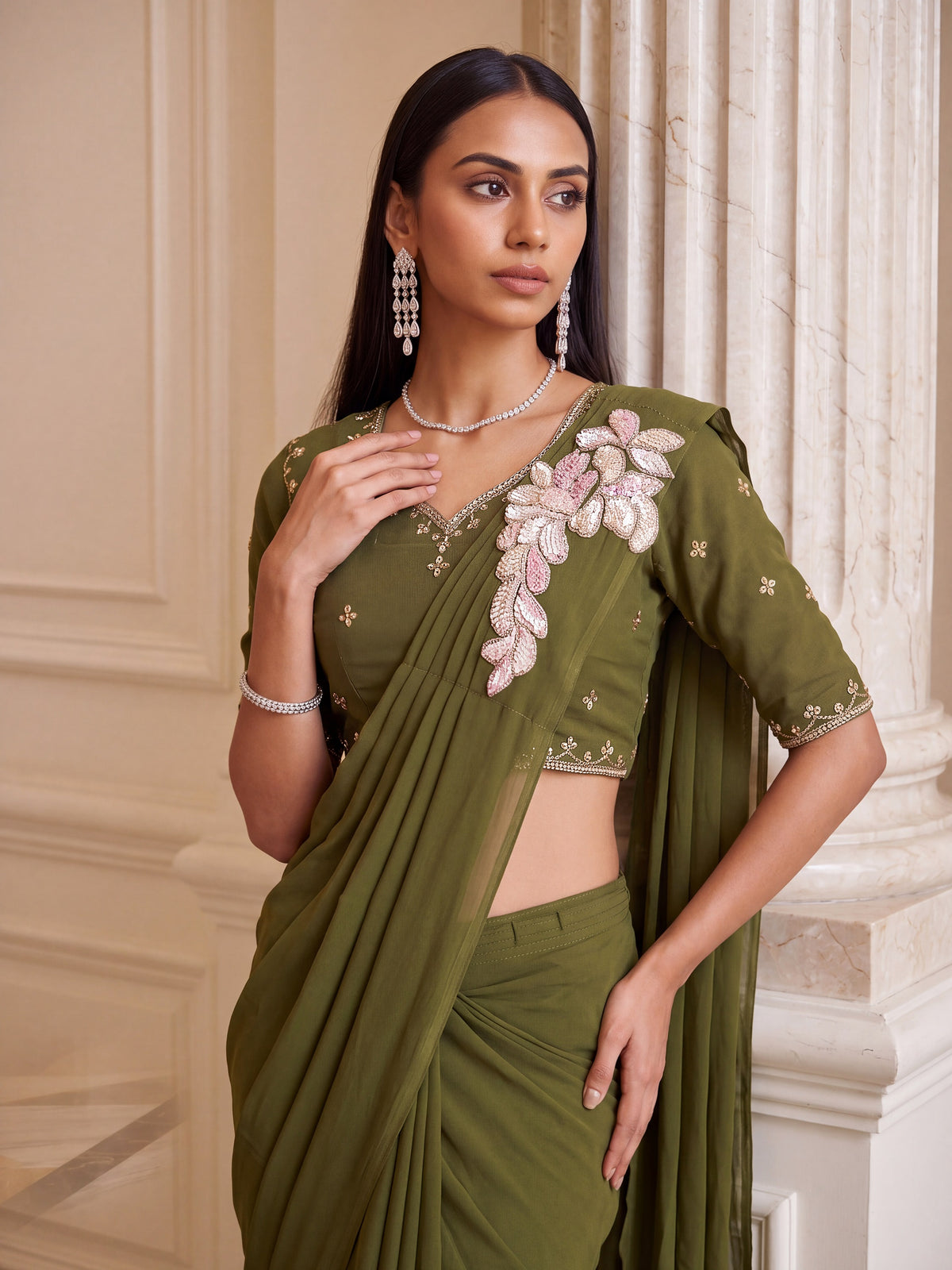Olive Green Embroidered Georgette Festive Ready to Wear Saree