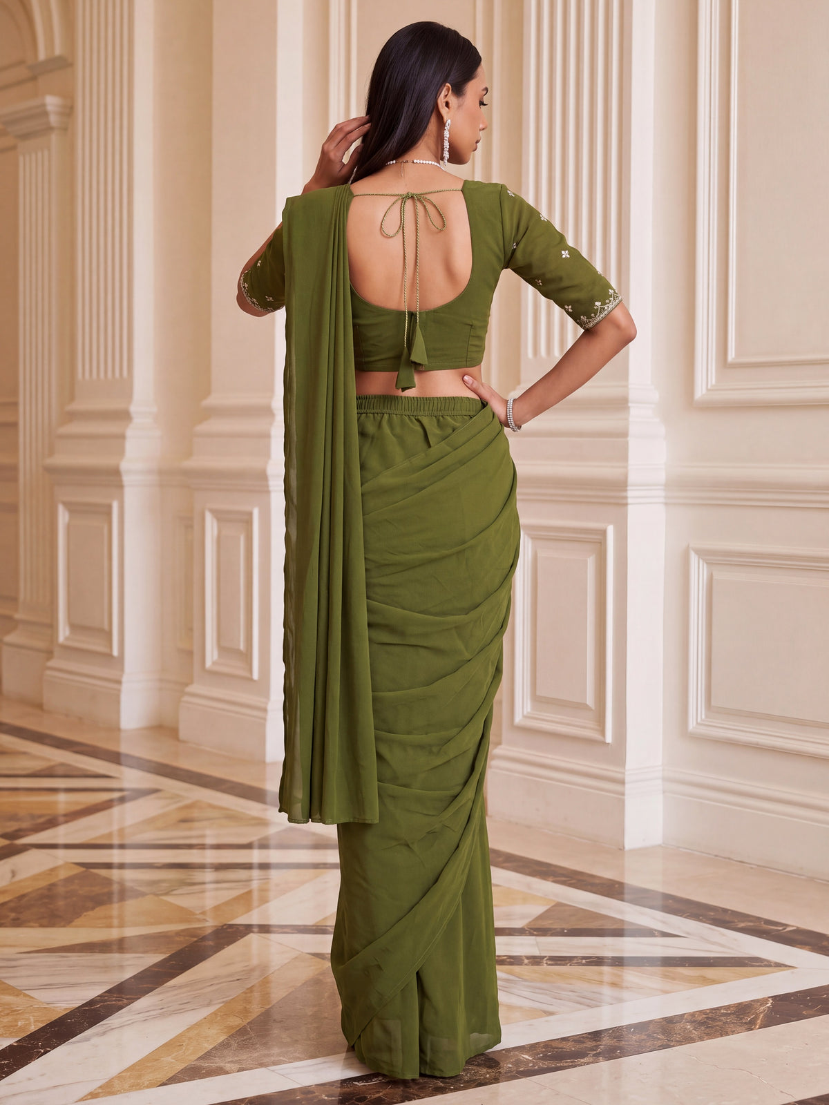 Olive Green Embroidered Georgette Festive Ready to Wear Saree