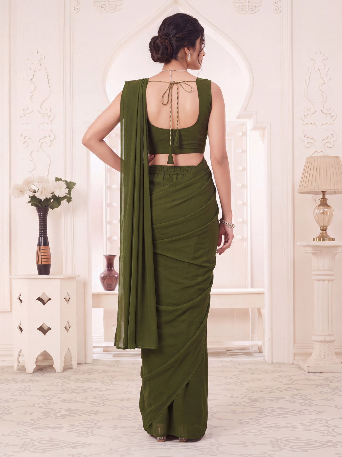 Green Embroidered Georgette Party Ready to Wear Pre-Stitched Saree