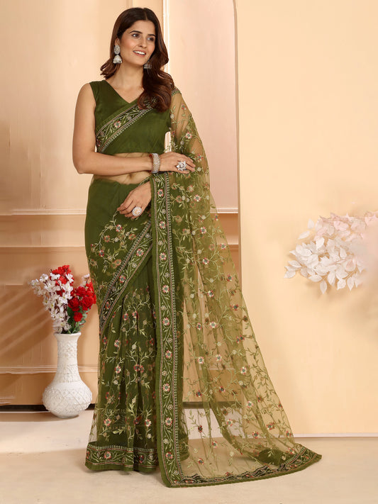 Mehendi Green Floral Embroidered Soft Net Party Saree with Blouse