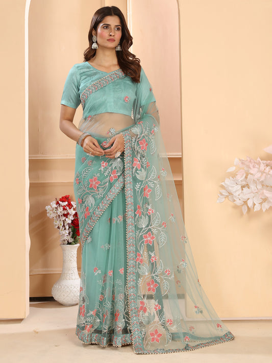 Firozi Floral Embroidered Net Pearl Lace Wedding Party Wear Saree