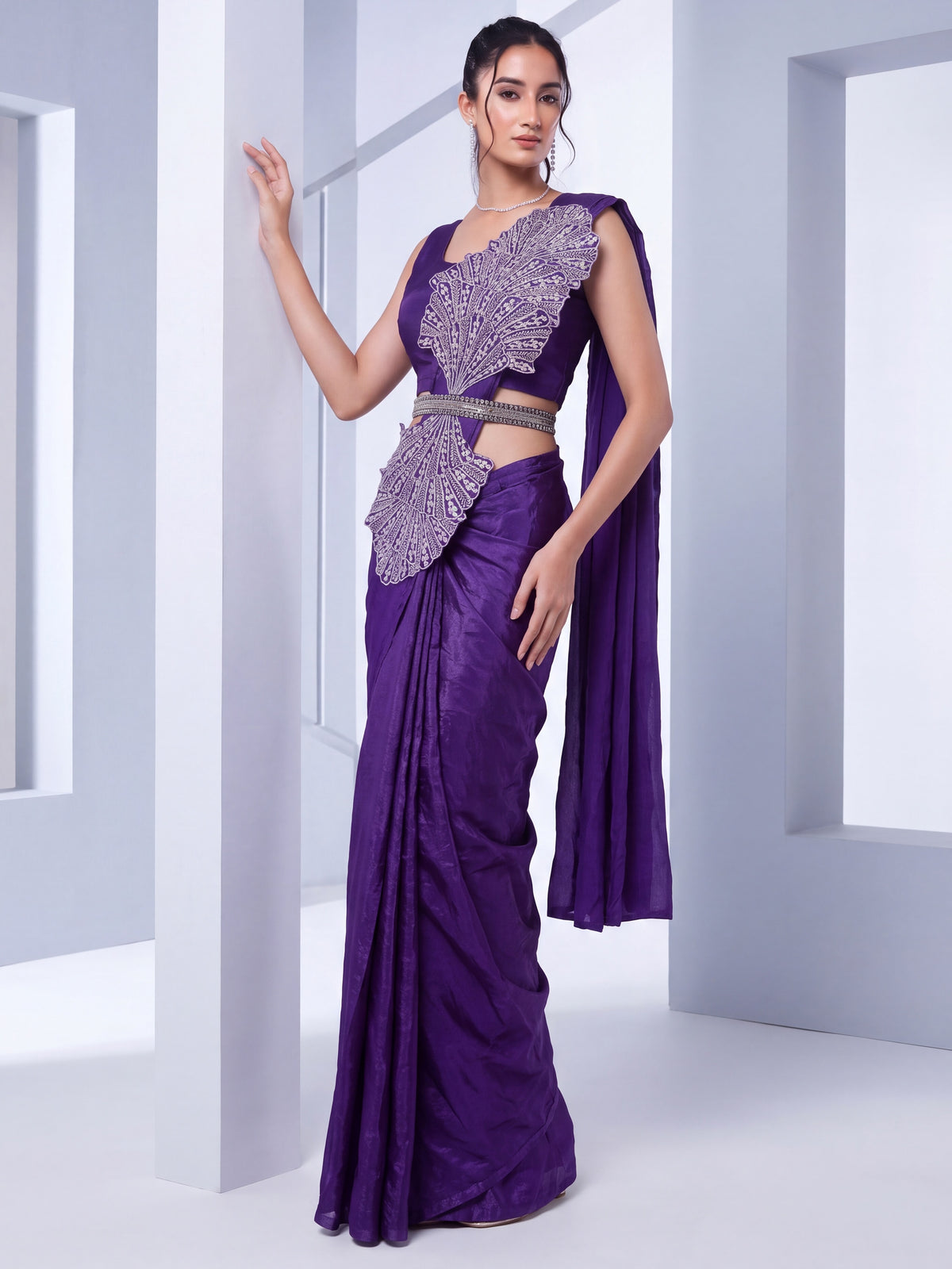 Purple 3D Applique Embroidered Satin Party Ready to Wear Saree