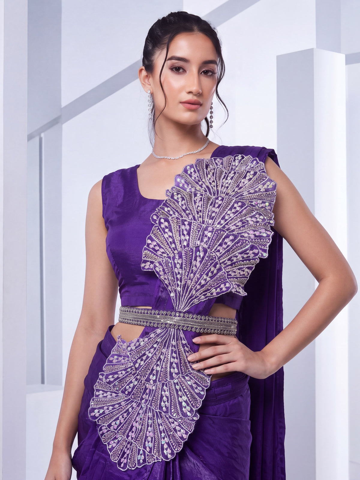 Purple 3D Applique Embroidered Satin Party Ready to Wear Saree
