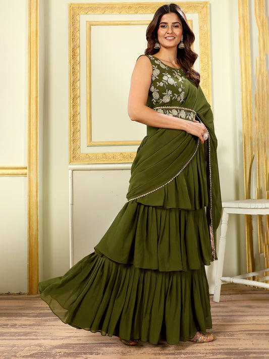 Mehendi Green Embroidered Georgette Party Ready to Wear Lehenga Saree