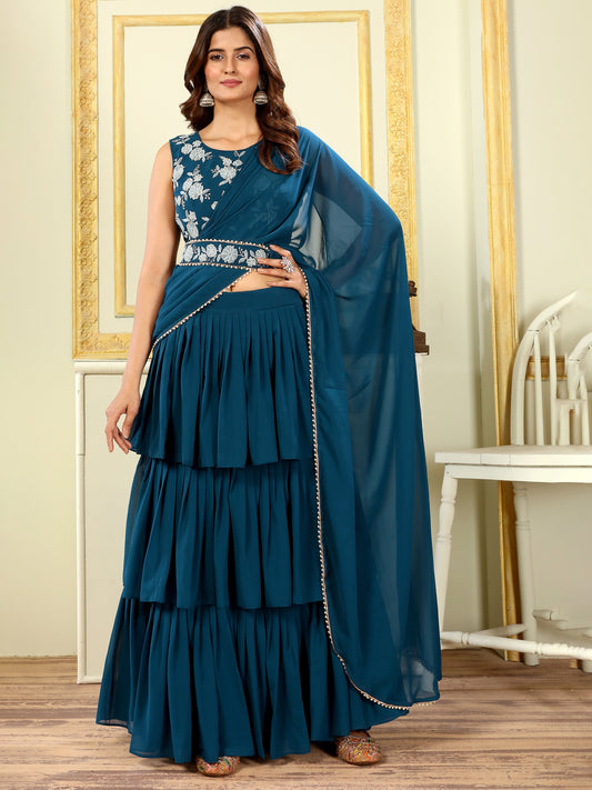 Mor Pich Embroidered Georgette Party Ready to Wear Lehenga Saree