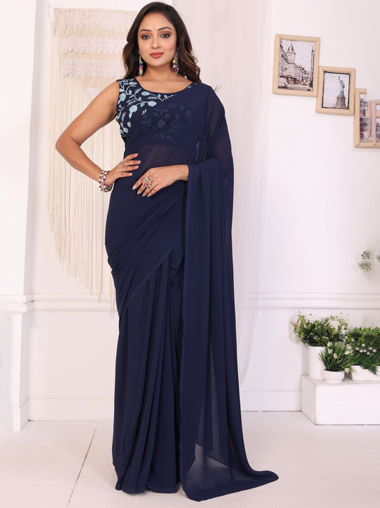 Navy Blue Floral Georgette Party Ready to Wear Saree