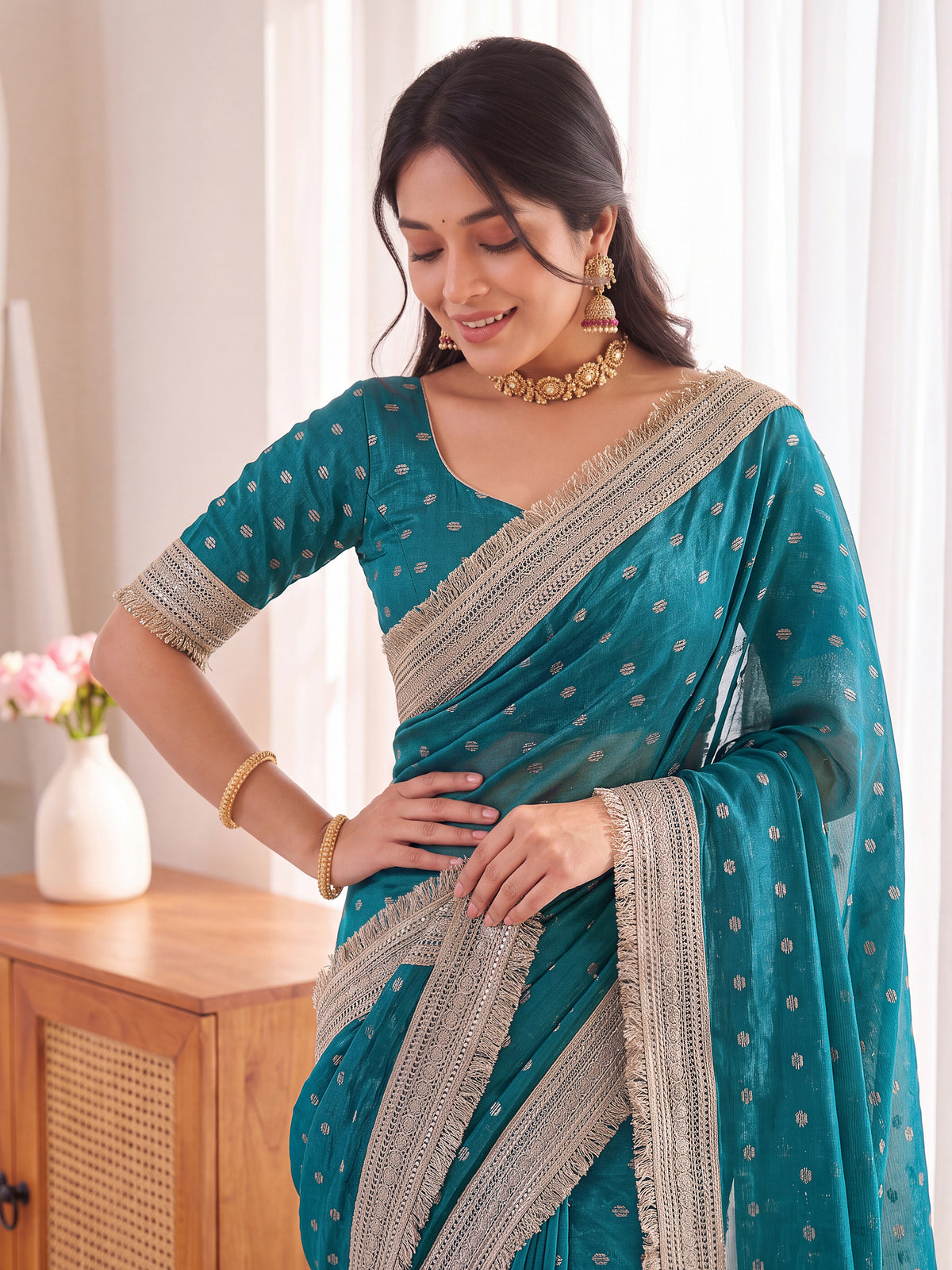 Teal Golden Jacquard Butti Moss Satin Festive Traditional Saree