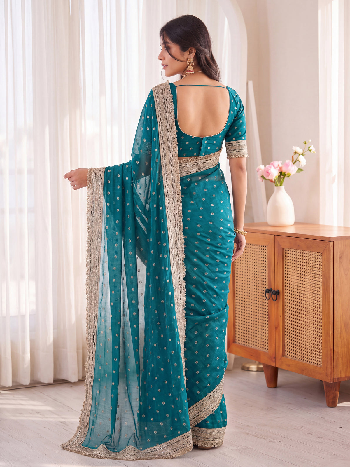 Teal Golden Jacquard Butti Moss Satin Festive Traditional Saree