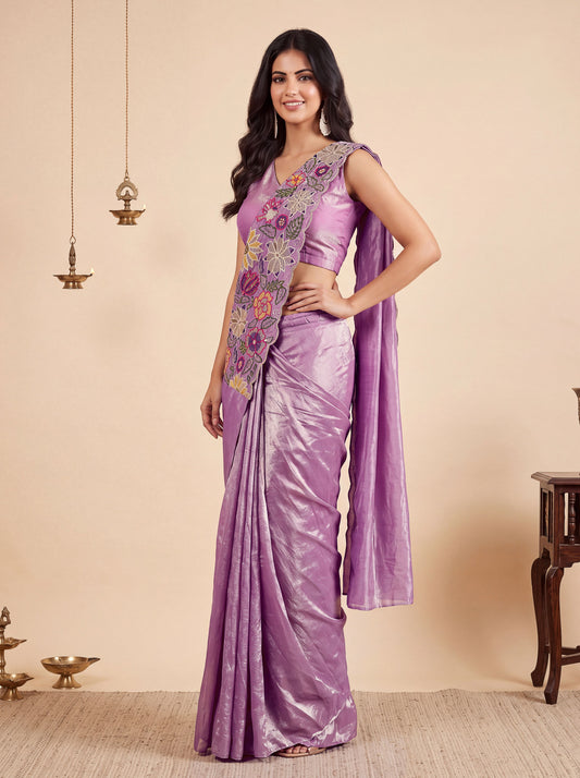 Onion Pink Embroidered Fancy Silk Party Wear Pre-Draped Saree