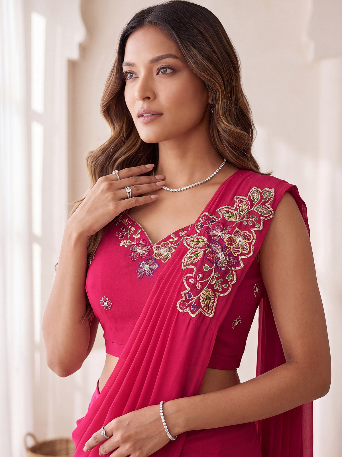 Rani Pink Sequin Embroidered Georgette Party Ready to Wear Saree
