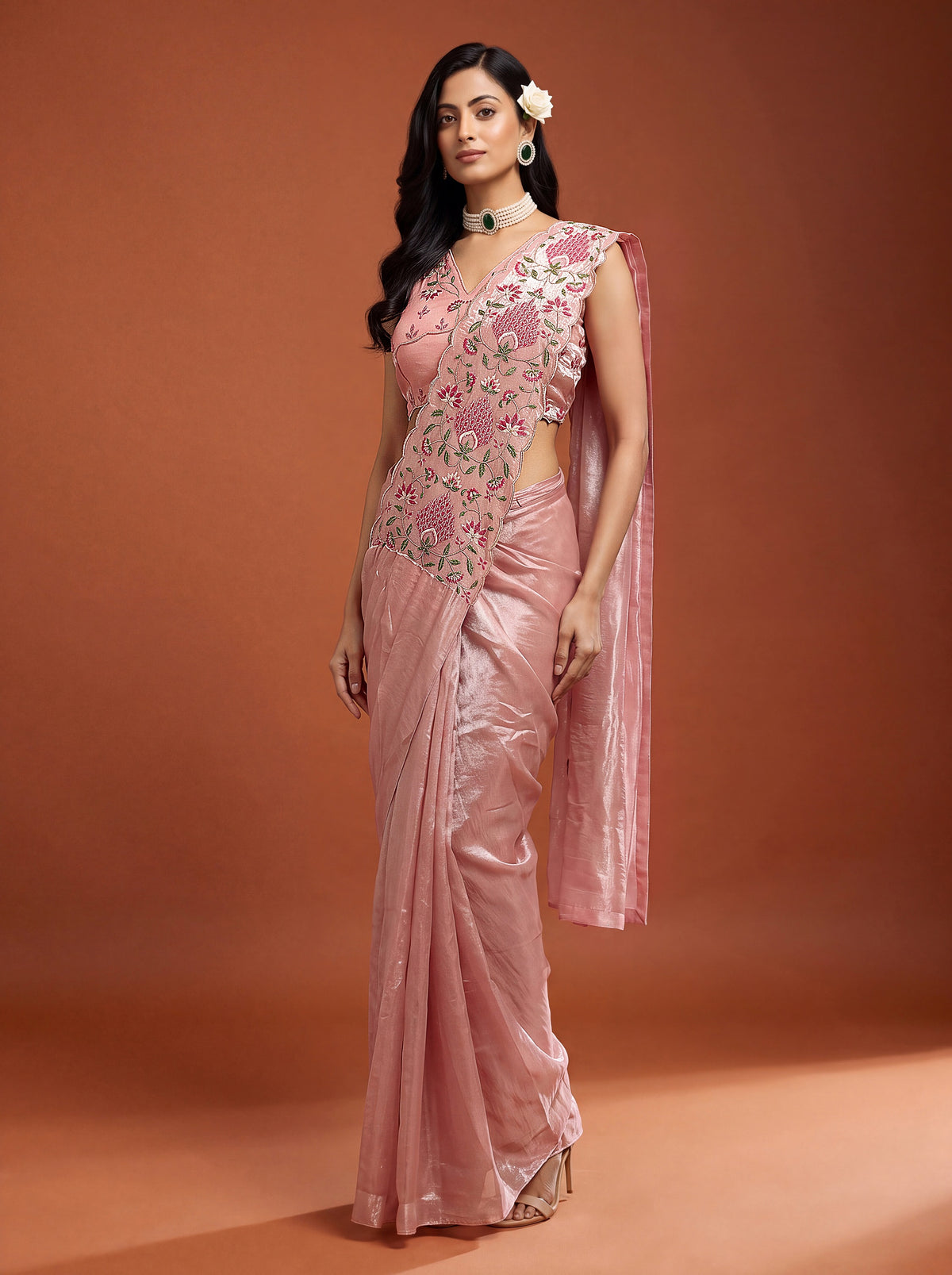 Dusty Pink Floral Embroidered NC Satin Party Ready to Wear Saree