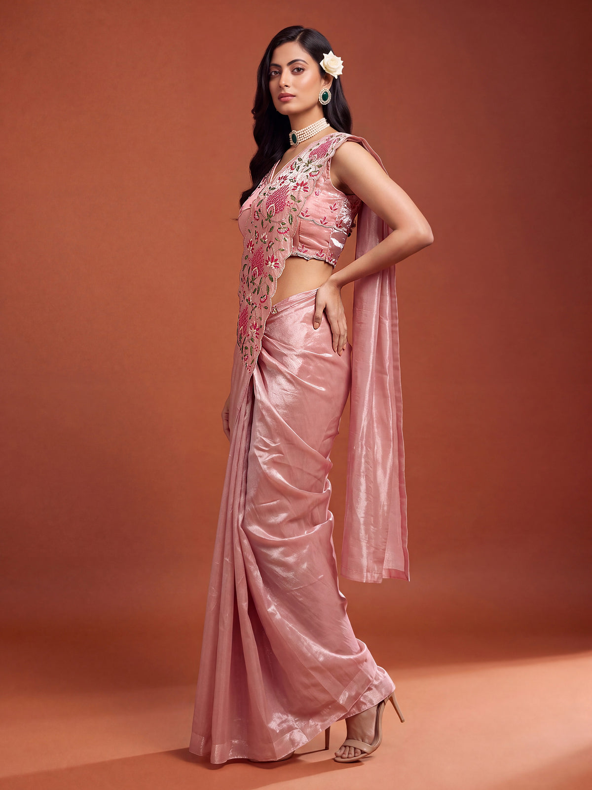 Dusty Pink Floral Embroidered NC Satin Party Ready to Wear Saree