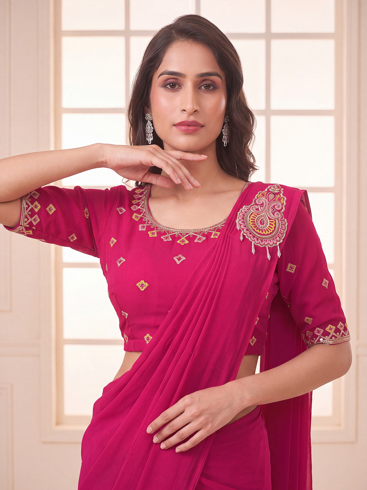 Shop Rani Pink Georgette Ready to Wear Saree from Patlani Style