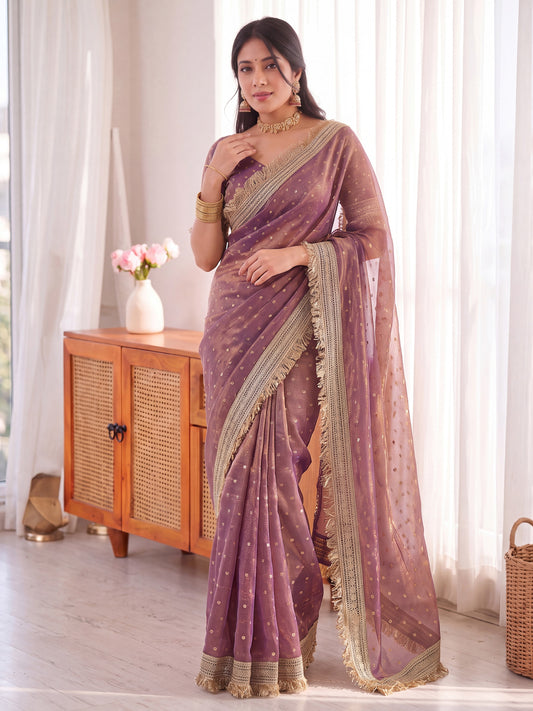 Mauve Golden Jacquard Butti Moss Satin Festive Traditional Saree