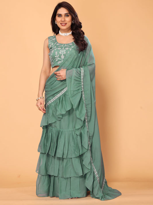 Rama Green Embroidery Georgette Party Wear Ready to Wear Saree