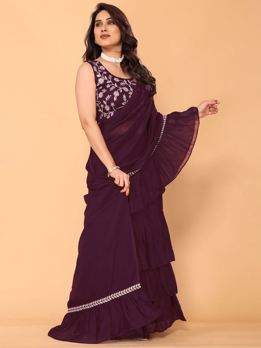 Wine Embroidery Georgette Party Wear Ready to Wear Designer Saree