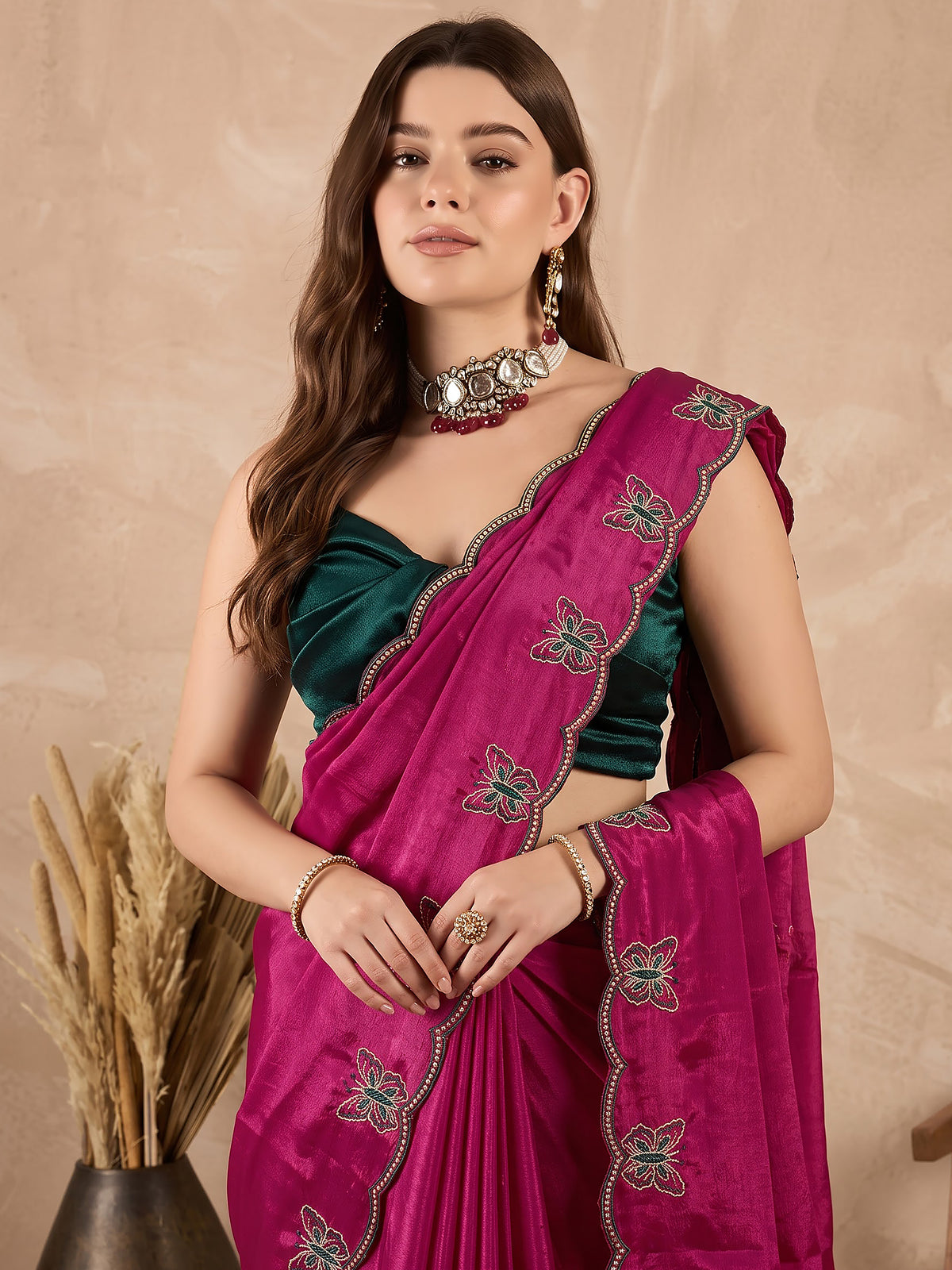 Rani Pink Butterfly Embroidered Chinon Wedding Party Wear Saree