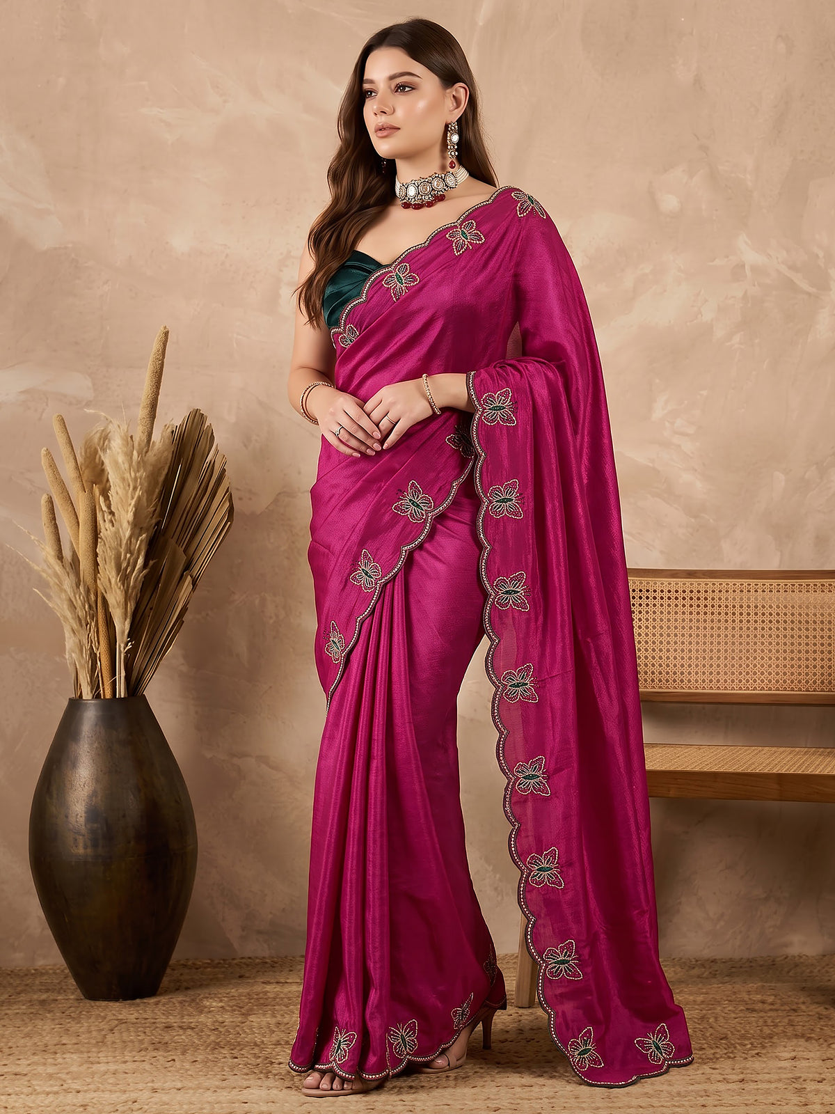 Rani Pink Butterfly Embroidered Chinon Wedding Party Wear Saree
