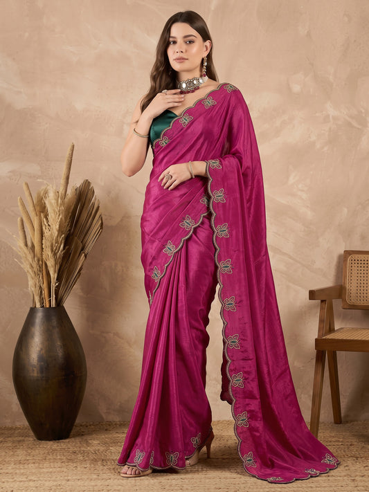Rani Pink Butterfly Embroidered Chinon Wedding Party Wear Saree